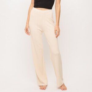 MYSTREE Cream Ribbed Knit Lounge Pants, Wide Leg, High Waist